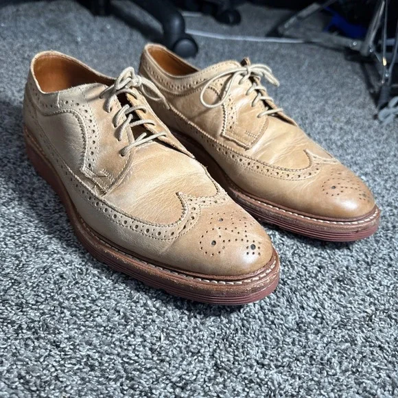 Allen Edmonds Shoes Mens 9.5 D Tan Leather Shannon Drive Brogue Long Wingtip - Picture 1 of 8